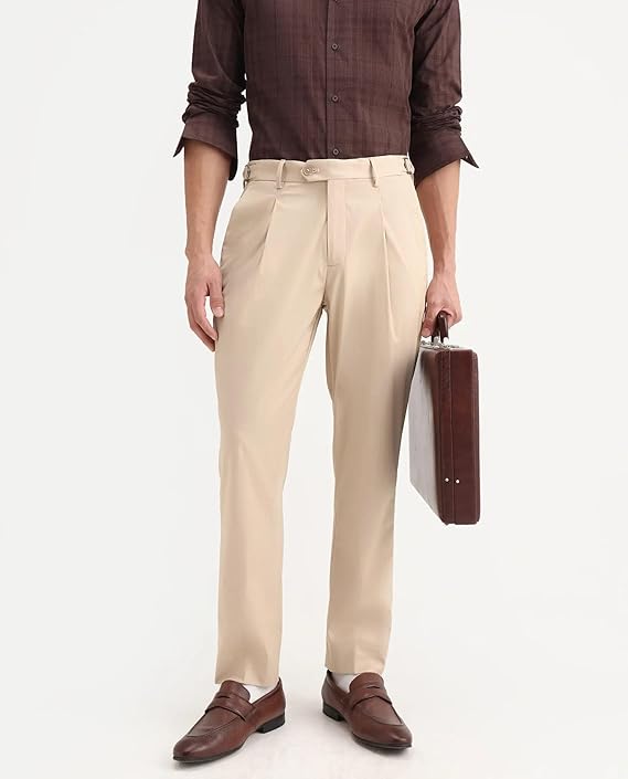 IGNIIX PREMIUM BEIGE PLEATED FORMAL TROUSERS - Image 2
