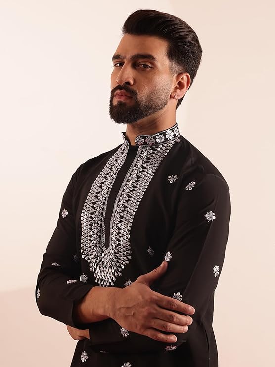 IGNIIX Premium Embroidered Ethnic Kurta for Men Black / Lavender