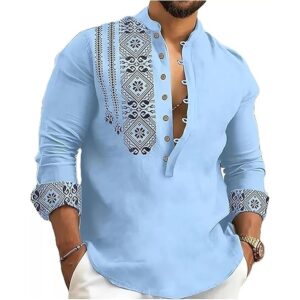 IGNIIX Premium Printed Mandarin Collar Kurta Shirt Sky Blue / White