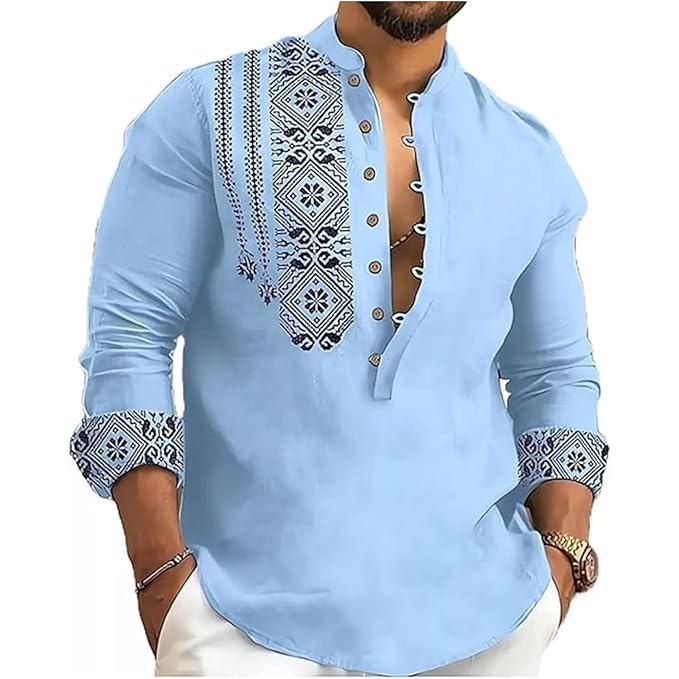 IGNIIX Premium Printed Mandarin Collar Kurta Shirt Sky Blue / White