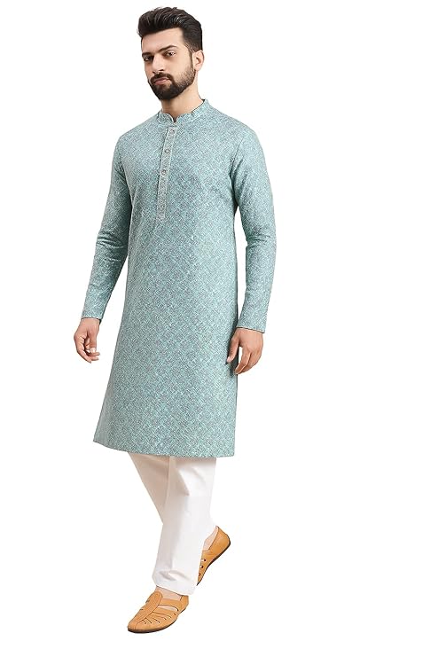 IGNIIX Premium Printed Ethnic Kurta for Men Teal Blue / Olive Green