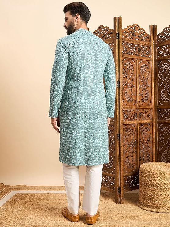 IGNIIX Premium Printed Ethnic Kurta for Men Teal Blue / Olive Green - Image 3