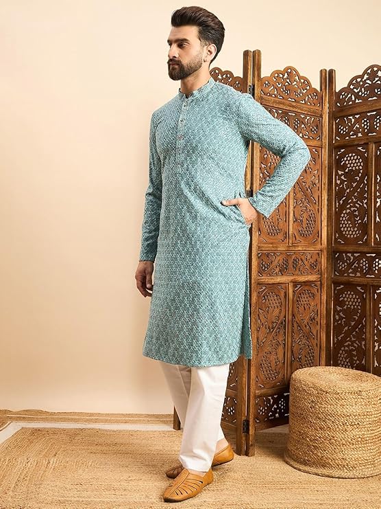 IGNIIX Premium Printed Ethnic Kurta for Men Teal Blue / Olive Green - Image 5