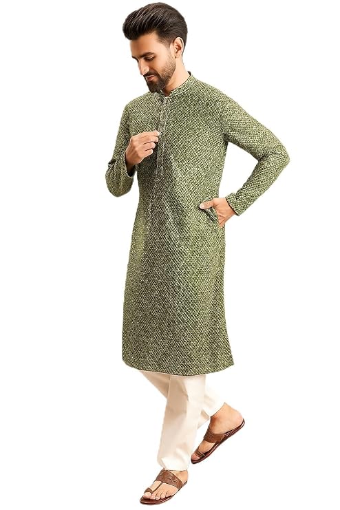 IGNIIX Premium Printed Ethnic Kurta for Men Teal Blue / Olive Green - Image 6