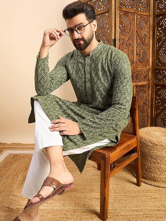IGNIIX Premium Printed Ethnic Kurta for Men Teal Blue / Olive Green - Image 7