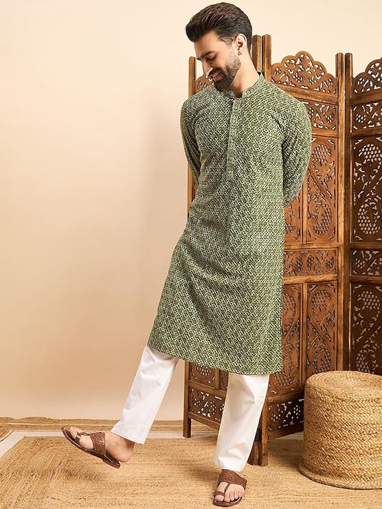 IGNIIX Premium Printed Ethnic Kurta for Men Teal Blue / Olive Green - Image 8