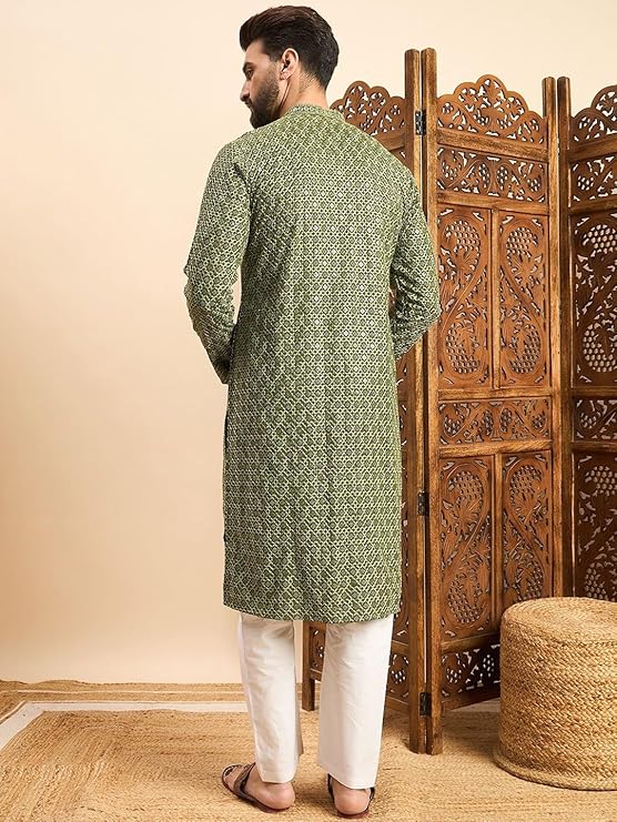 IGNIIX Premium Printed Ethnic Kurta for Men Teal Blue / Olive Green - Image 9
