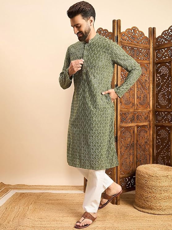 IGNIIX Premium Printed Ethnic Kurta for Men Teal Blue / Olive Green - Image 10