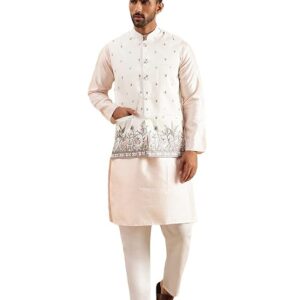 IGNIIX Premium Embroidered Nehru Jacket Kurta Set Cream & Blush Pink