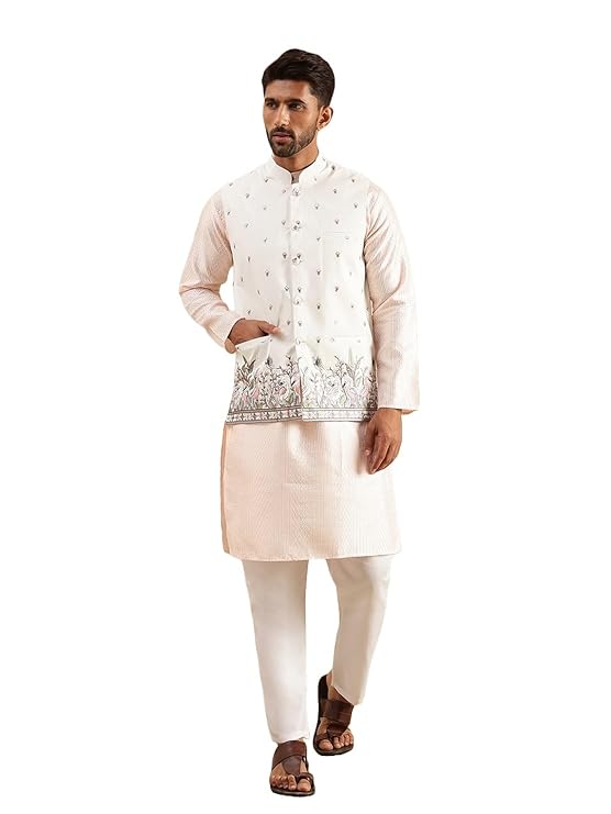 IGNIIX Premium Embroidered Nehru Jacket Kurta Set Cream & Blush Pink