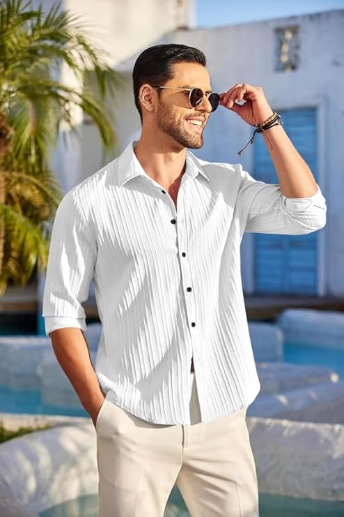 IGNIIX Premium Textured Slim Fit Shirt – Peach & White (Summer Edition)