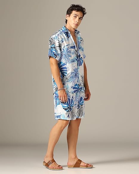 IGNIIX TROPICAL SUMMER CO-ORD SET BLUE PALM PRINT - Image 3